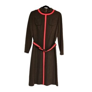 Vtg 60's Berkertex Brown & Orange Striped Jetsons Belted Knit Jersey Shift Dress